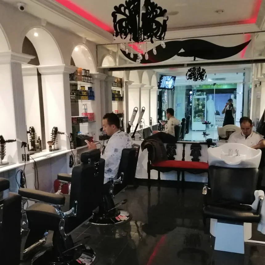La salle du salon, ses fauteuils de barbier et ses miroirs
